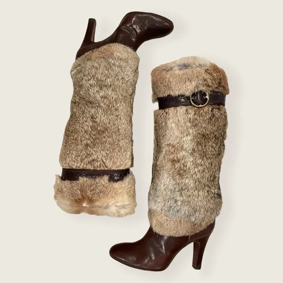 $699 RARE Frye Ava Rabbit Fur Vintage Luxury Brown Leather Stiletto Heel Boot - Picture 10 of 10